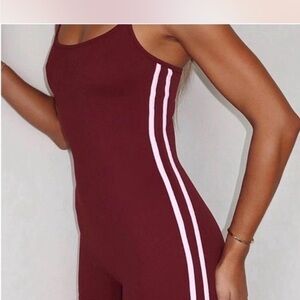 Burgundy Jumpsuit with White Stripes